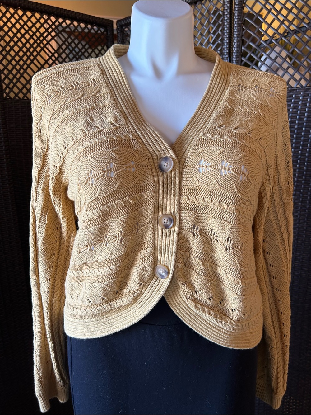 Coldwater Creek Cropped Light Mustard Knit Button-Front Cardigan